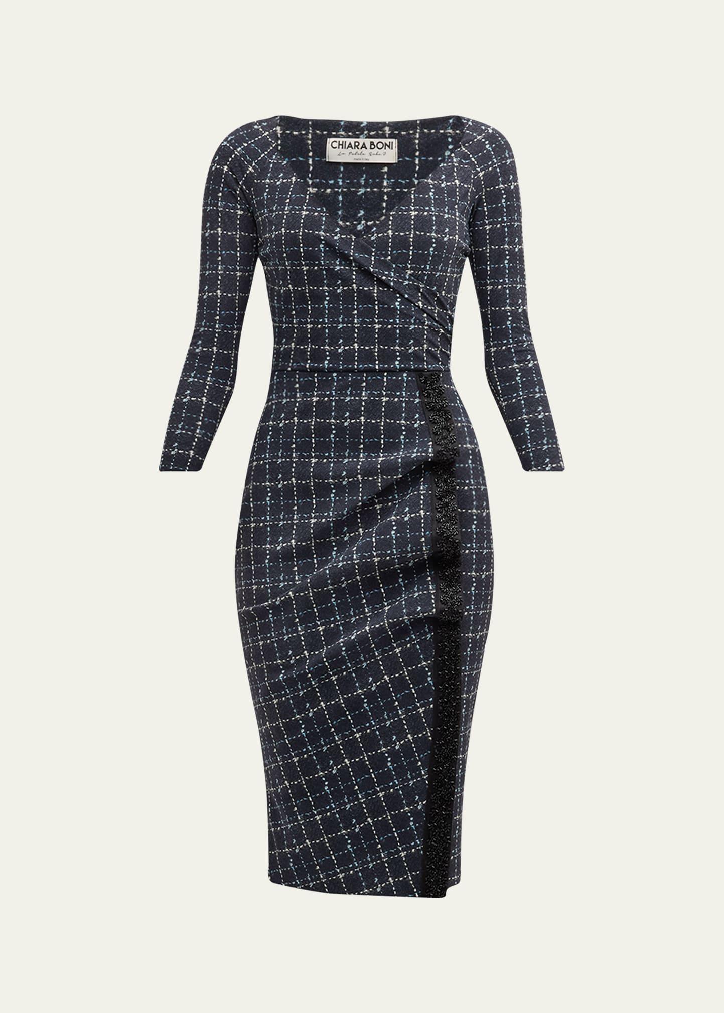 beaded grid-print bodycon dress