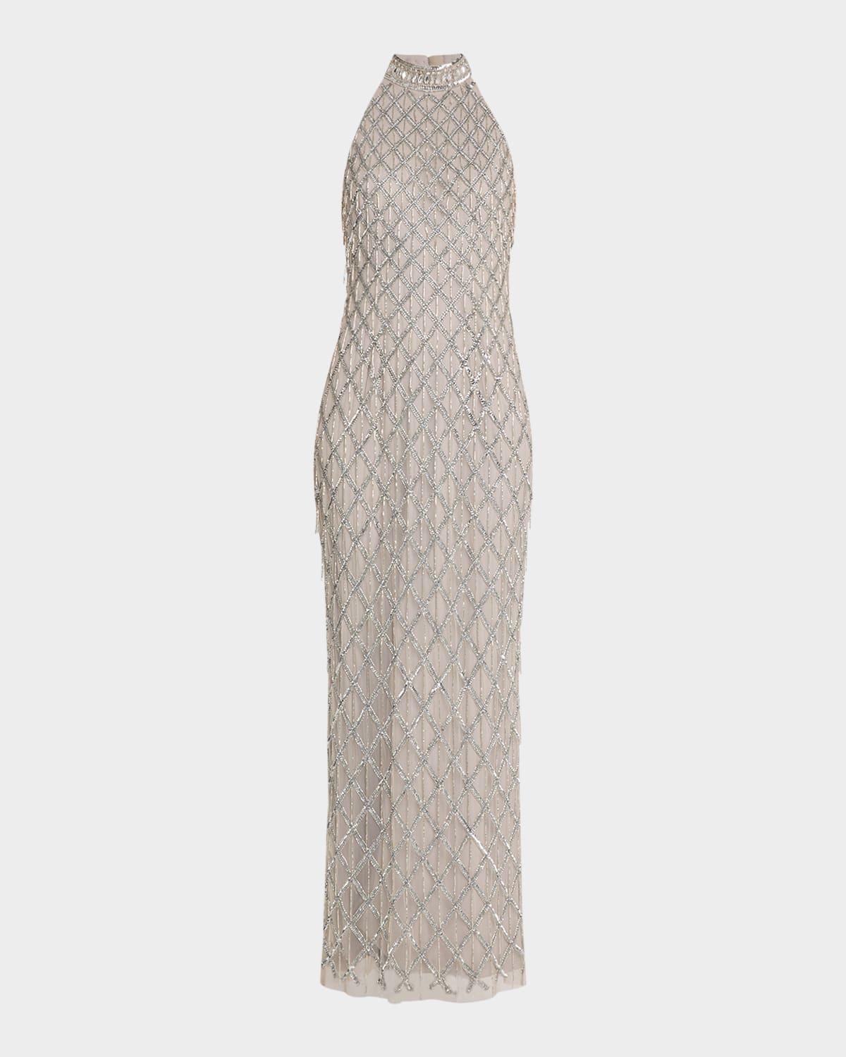 beaded halter column gown