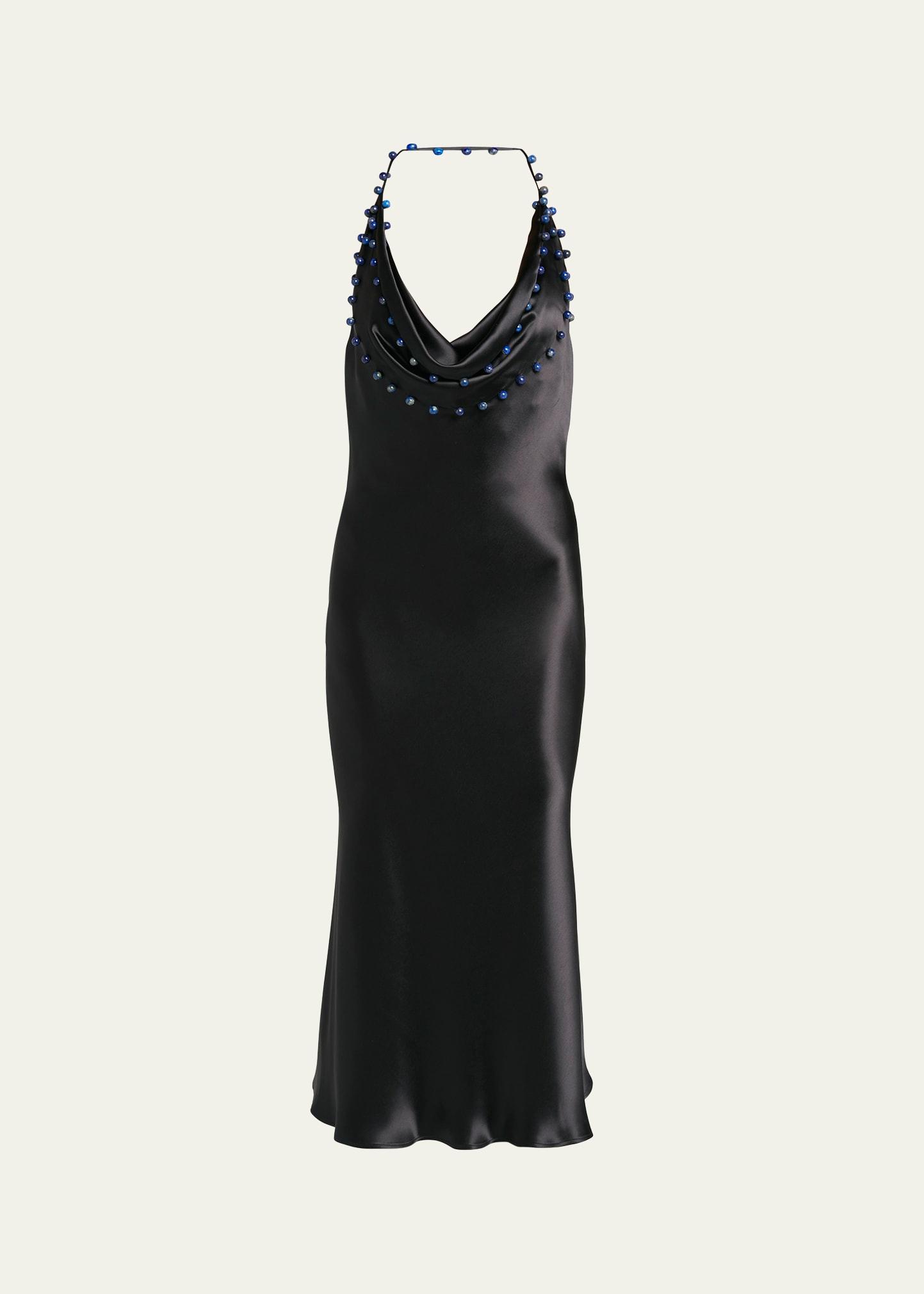 beaded halter washed fluid shine viscose dress