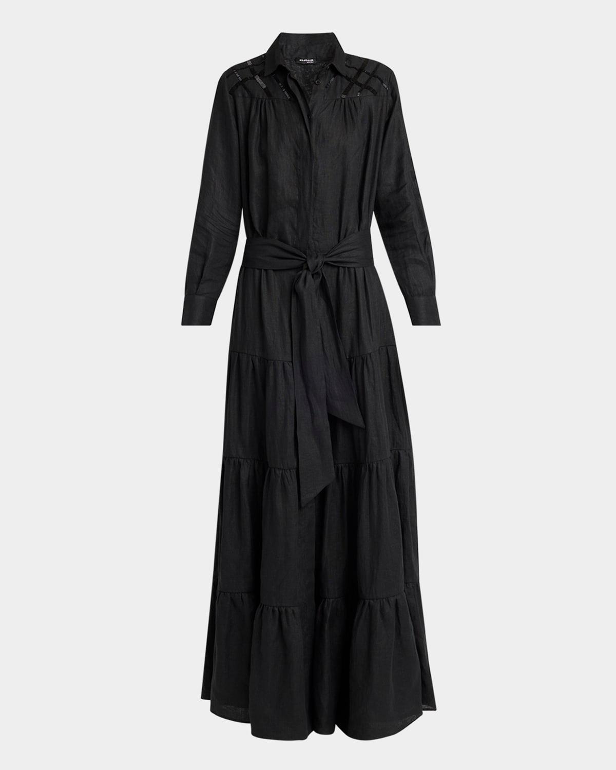 beaded long-sleeve tiered linen maxi shirtdress