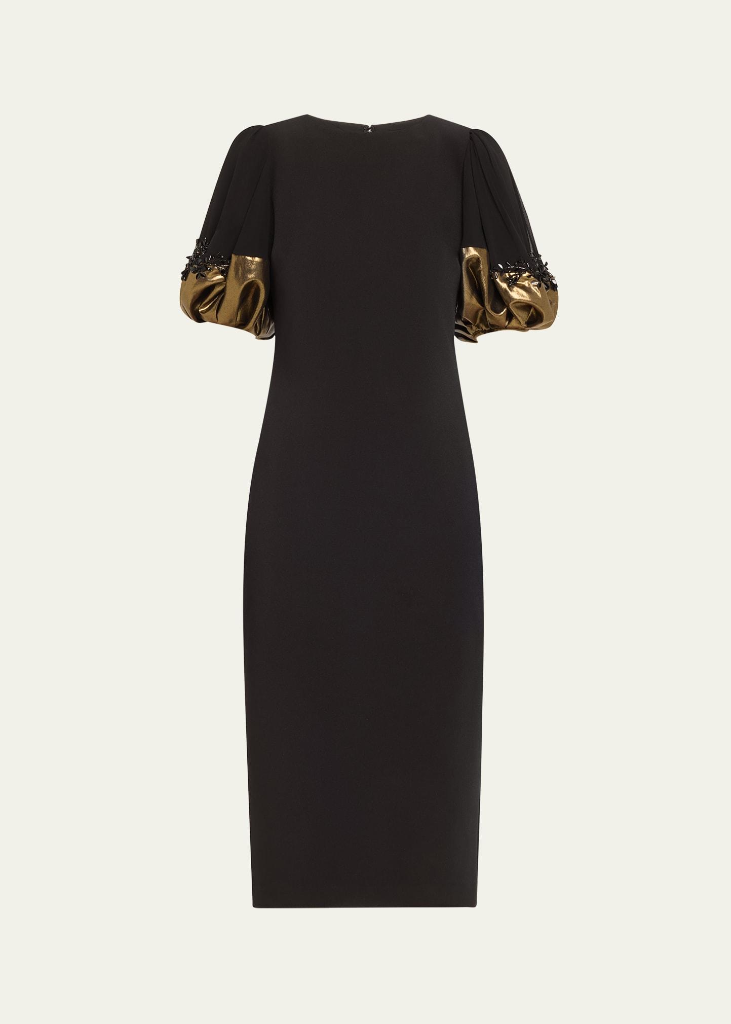 beaded metallic-cuff midi sheath dress