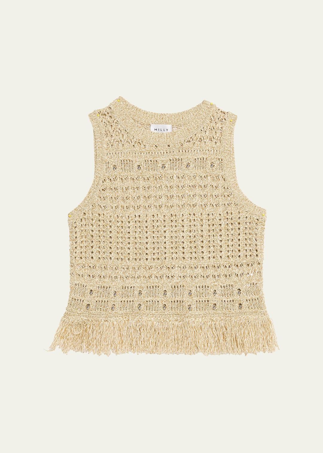 Beaded Open-Knit Fringe Top – Mixed-stitch knit with fringe hem and bead embellishments.