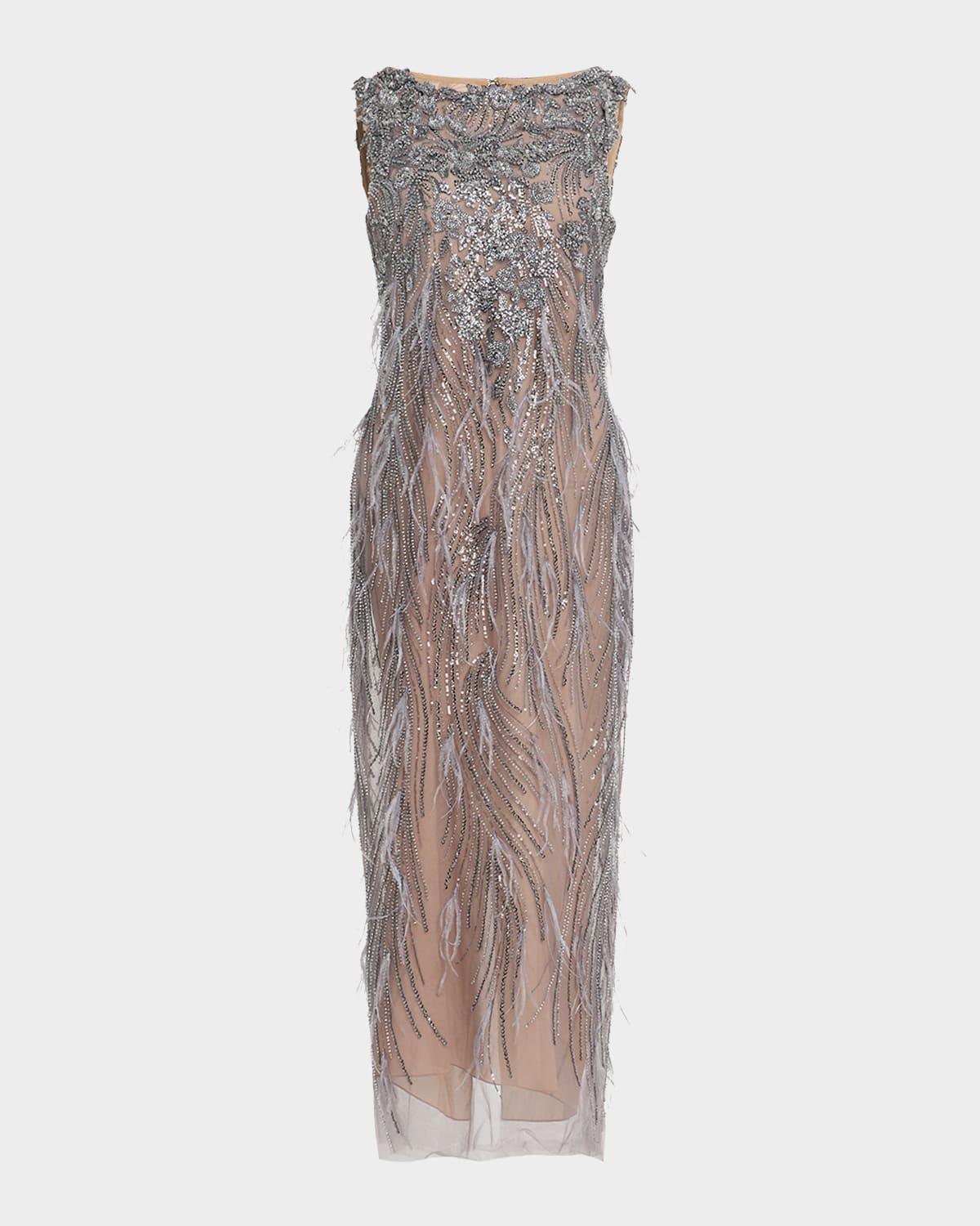 beaded ostrich-feather embroidered cocktail dress