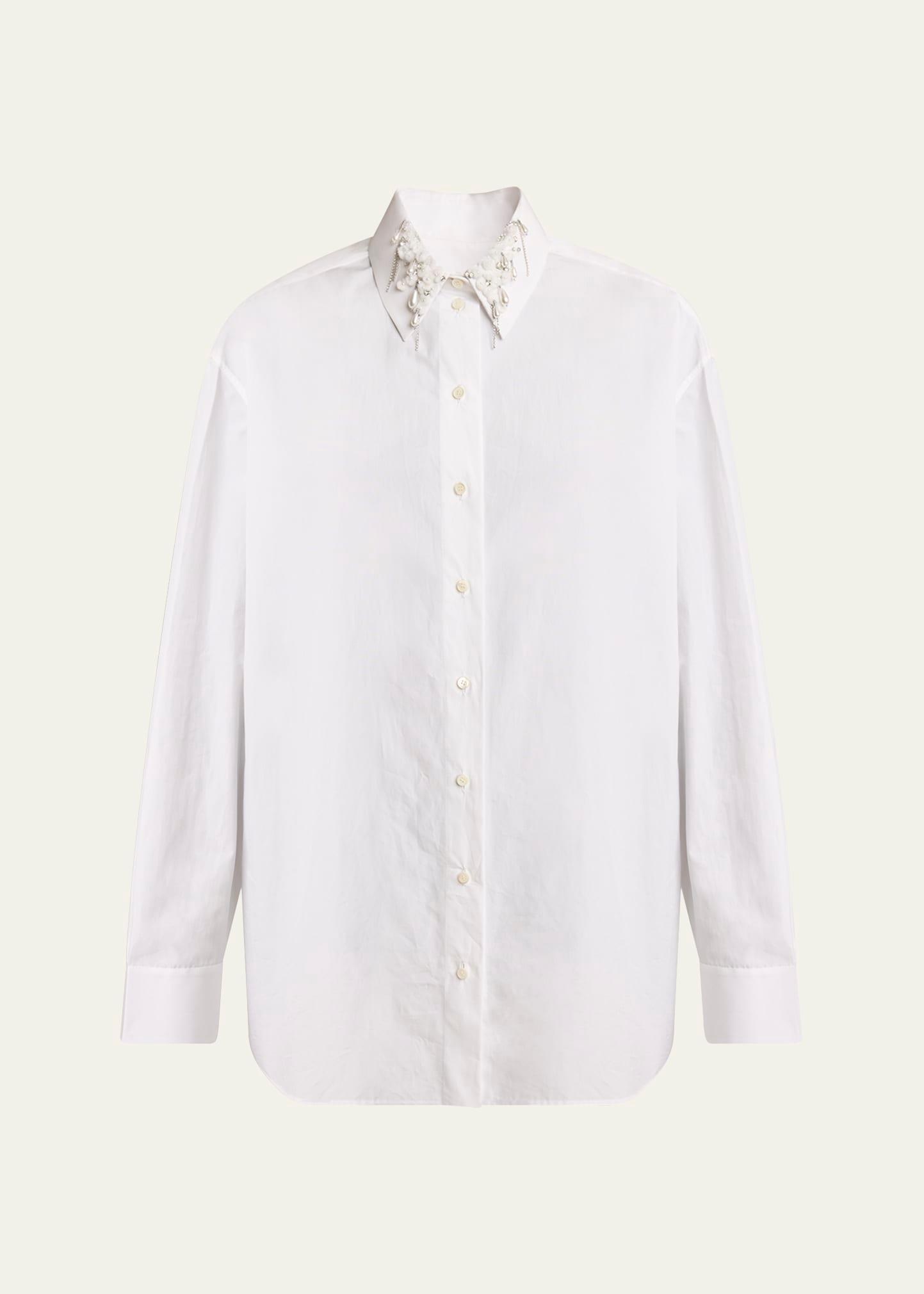 beaded pearly collar button down cotton blouse