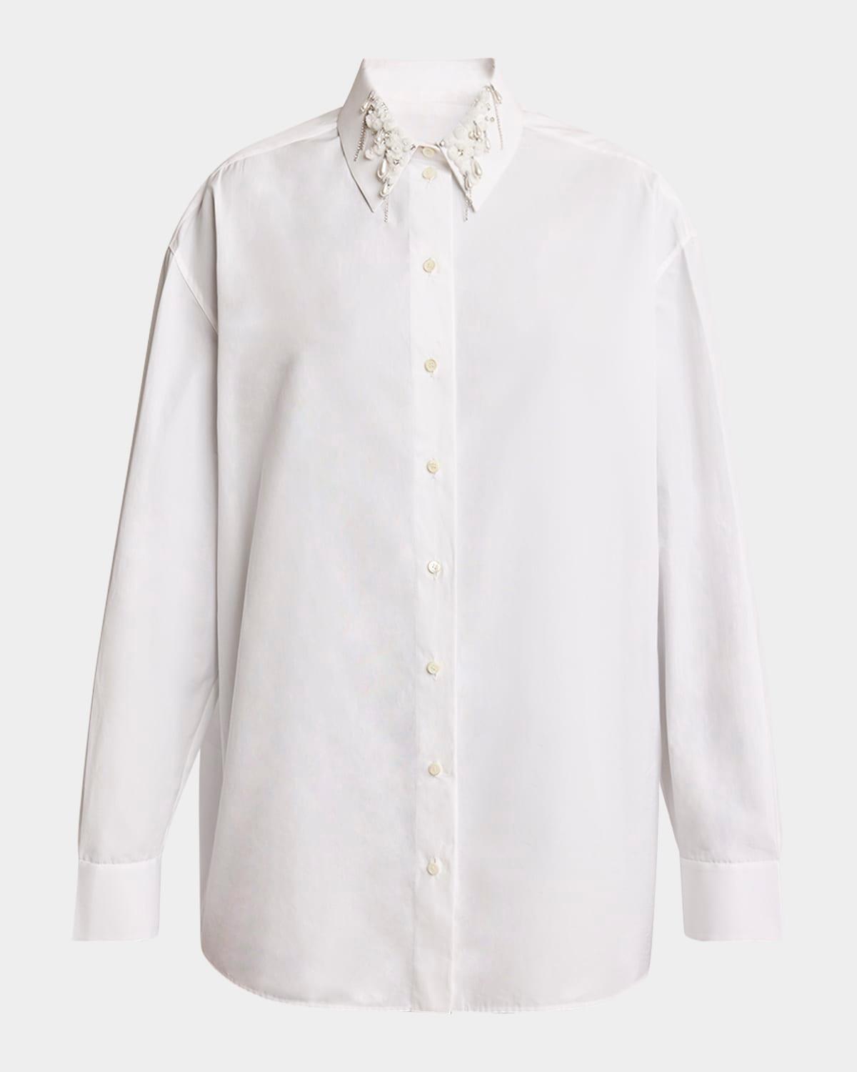 beaded pearly collar button down cotton blouse