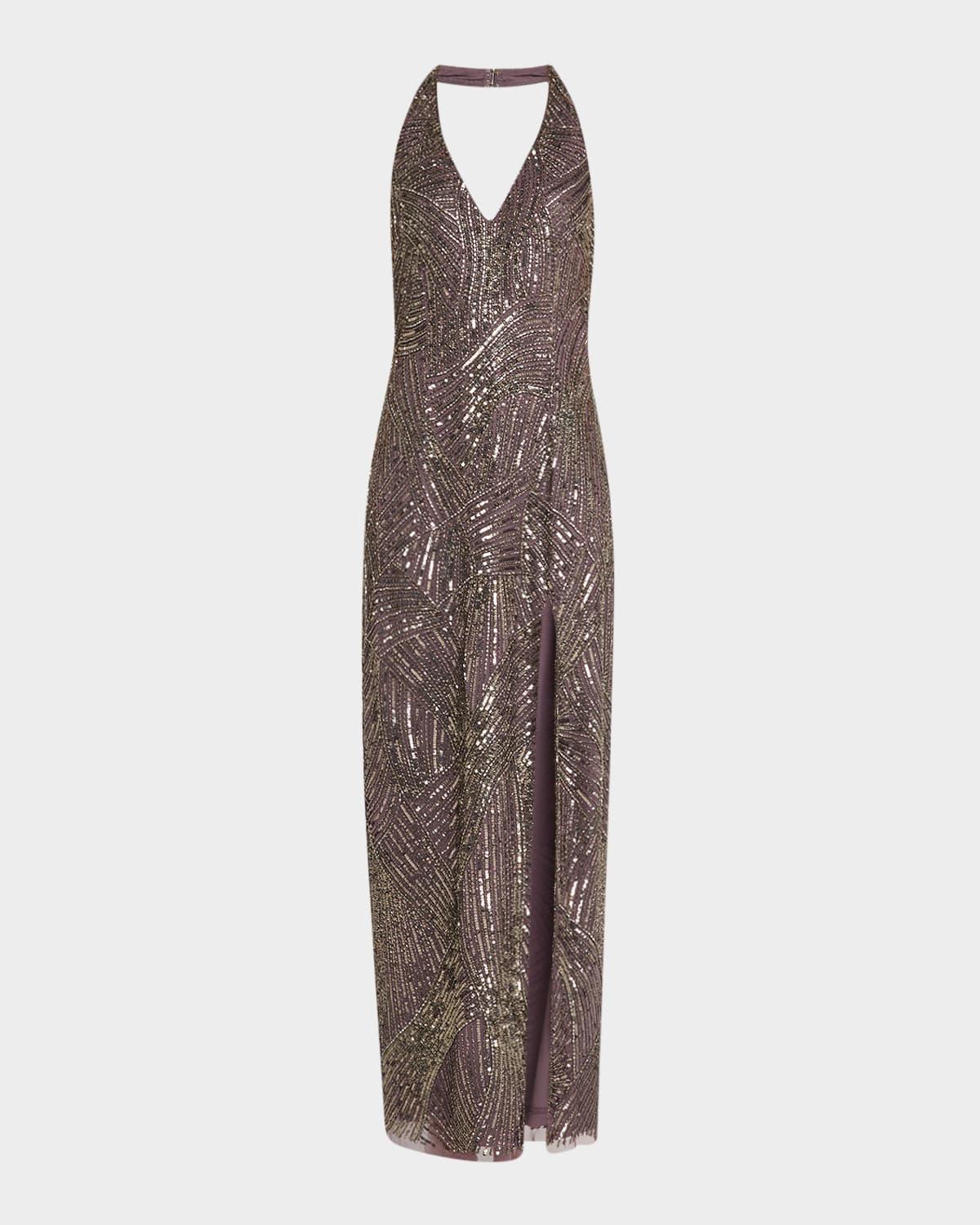 beaded side-slit halter gown