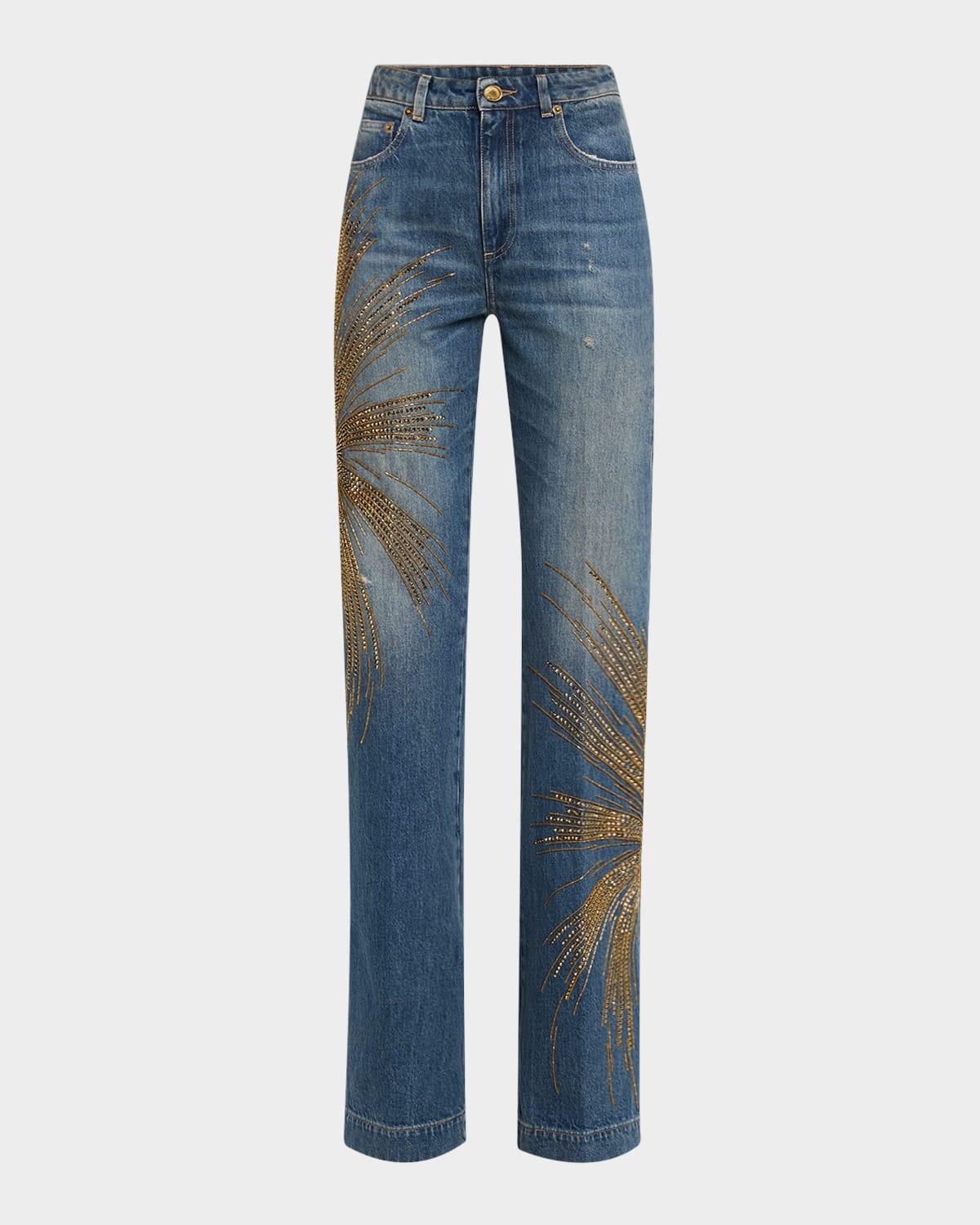 beaded straight-leg denim trousers