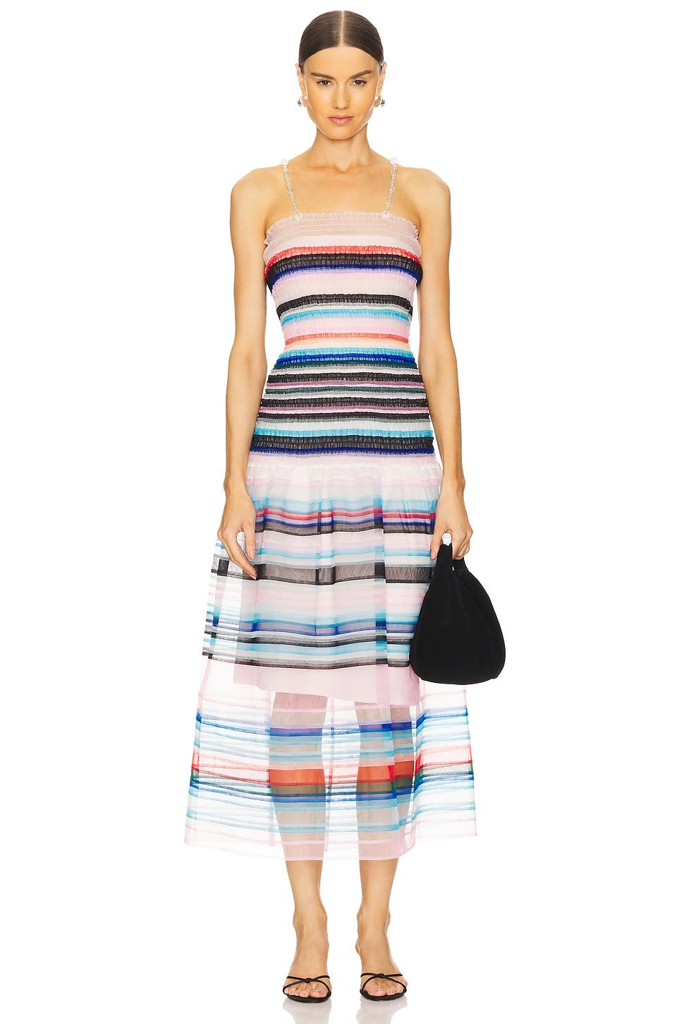 beaded strap striped smocked dress