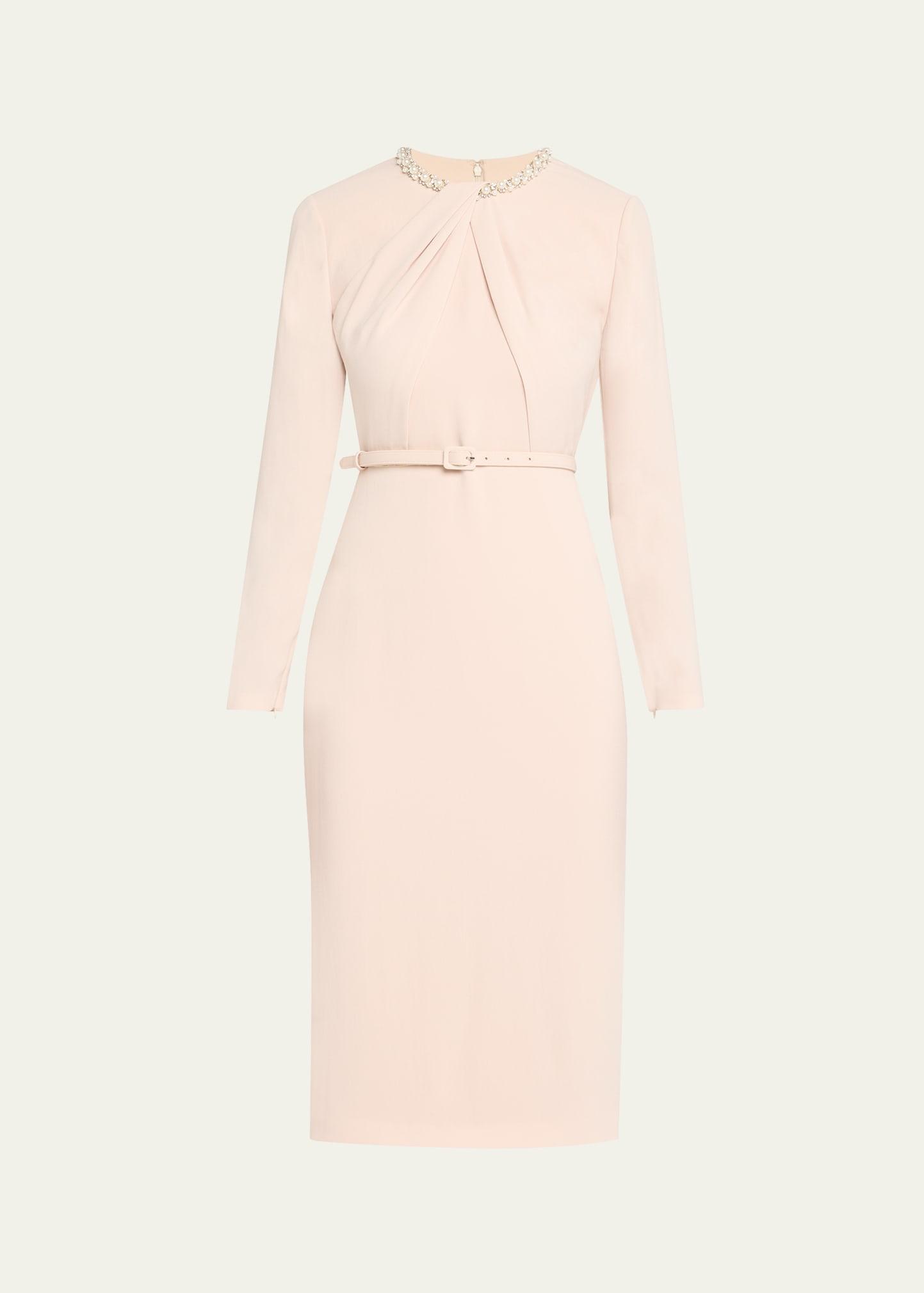 beaded twist long-sleeve light cady midi dress