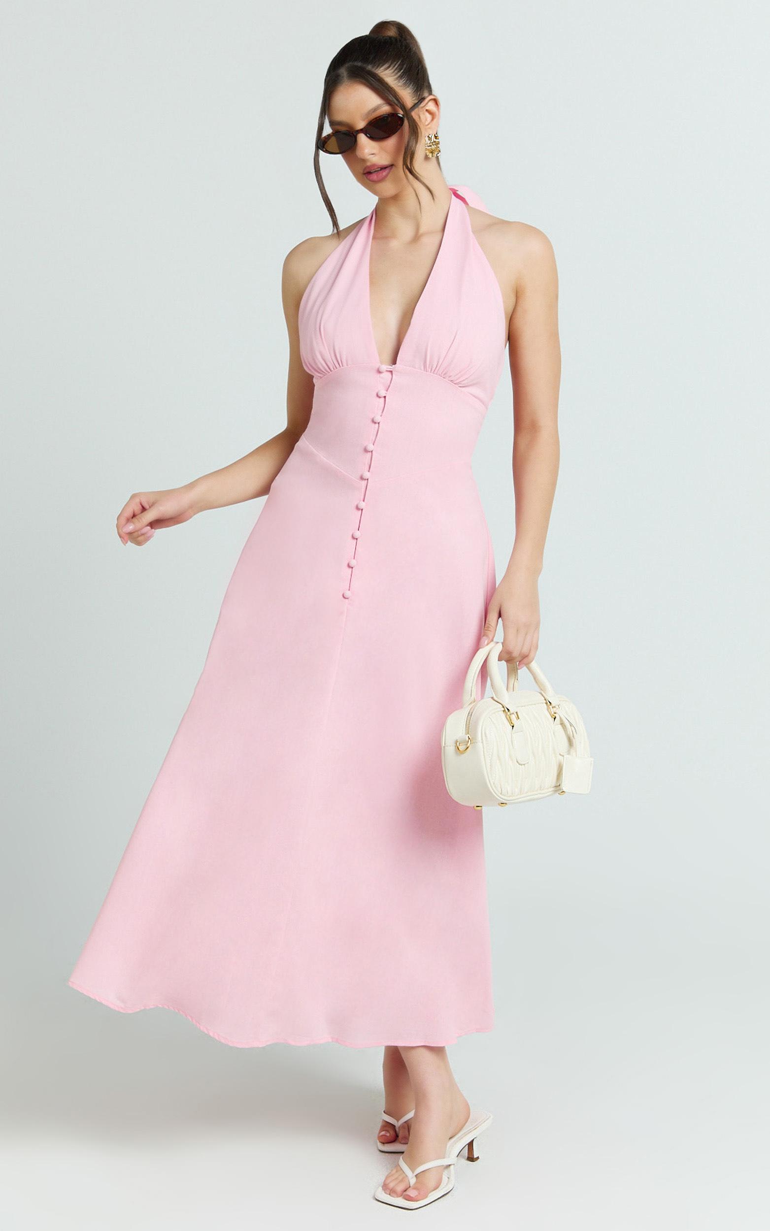 beata midi dress - plunge halter a-line dress in pink