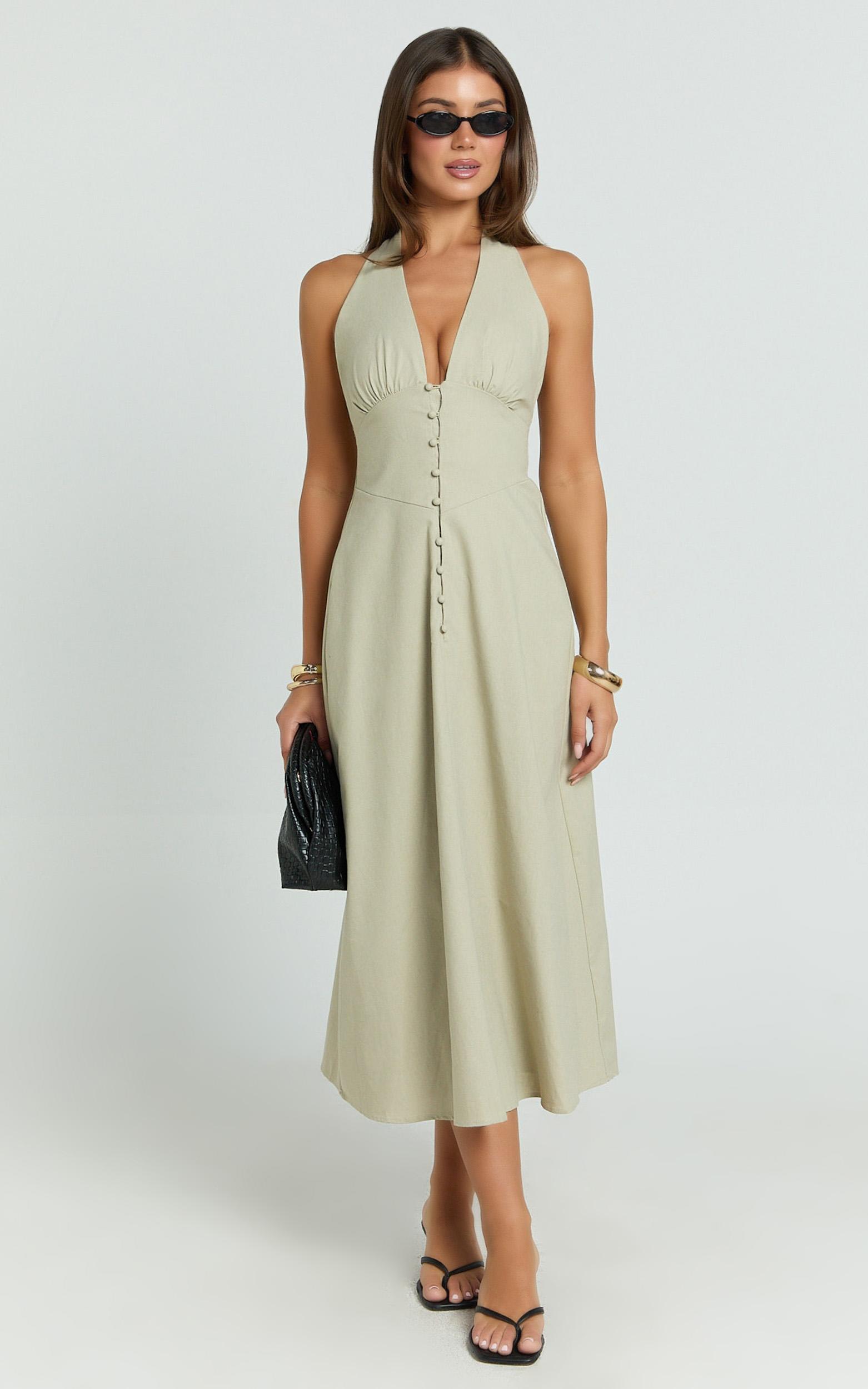 beata midi dress - plunge halter a-line dress in sage