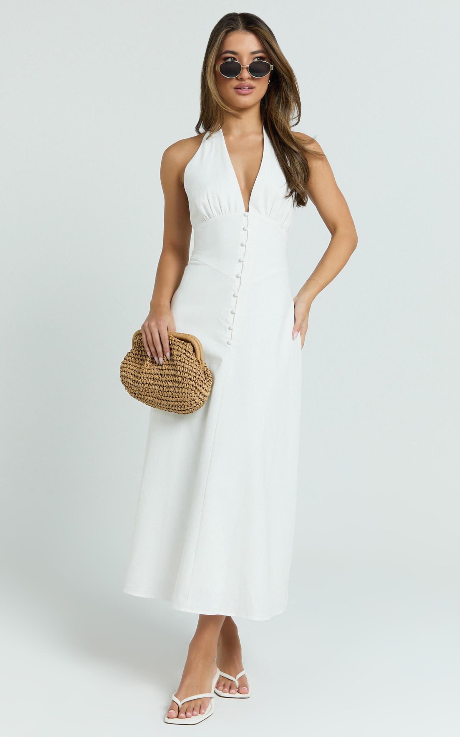 beata midi dress - plunge halter a-line dress in white
