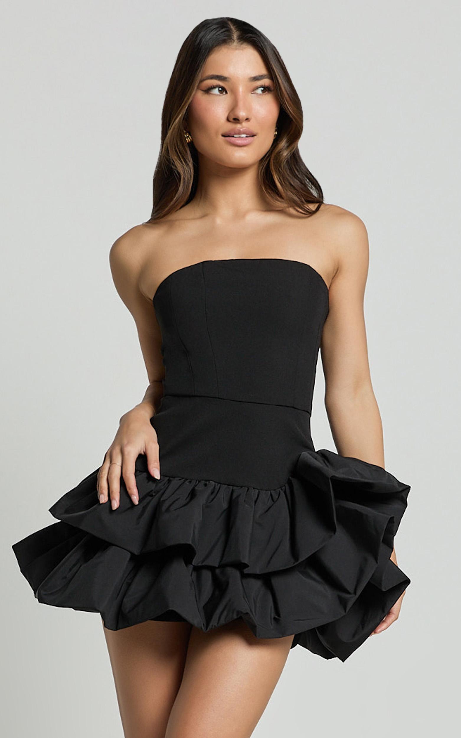 beatrice mini dress - contrast strapless ruffle tiered dress in black