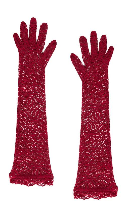 beaufille stretch lace elbow gloves in burgundy.