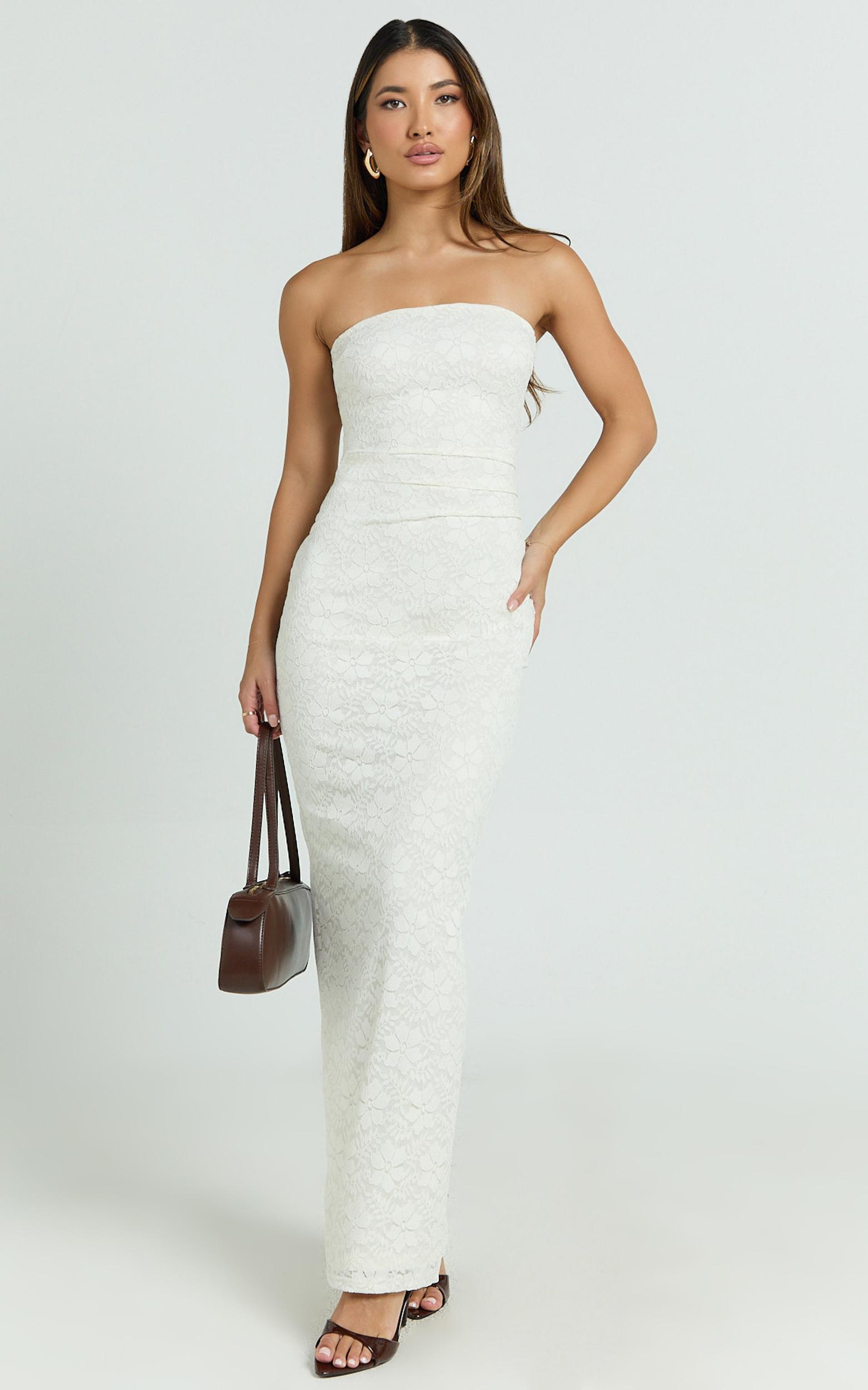 bec maxi dress - stretch lace strapless dress in off white