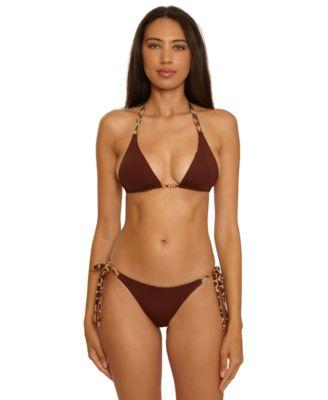 becca womens safari leopard printed reversible triangle top demi tie side swim bottoms
