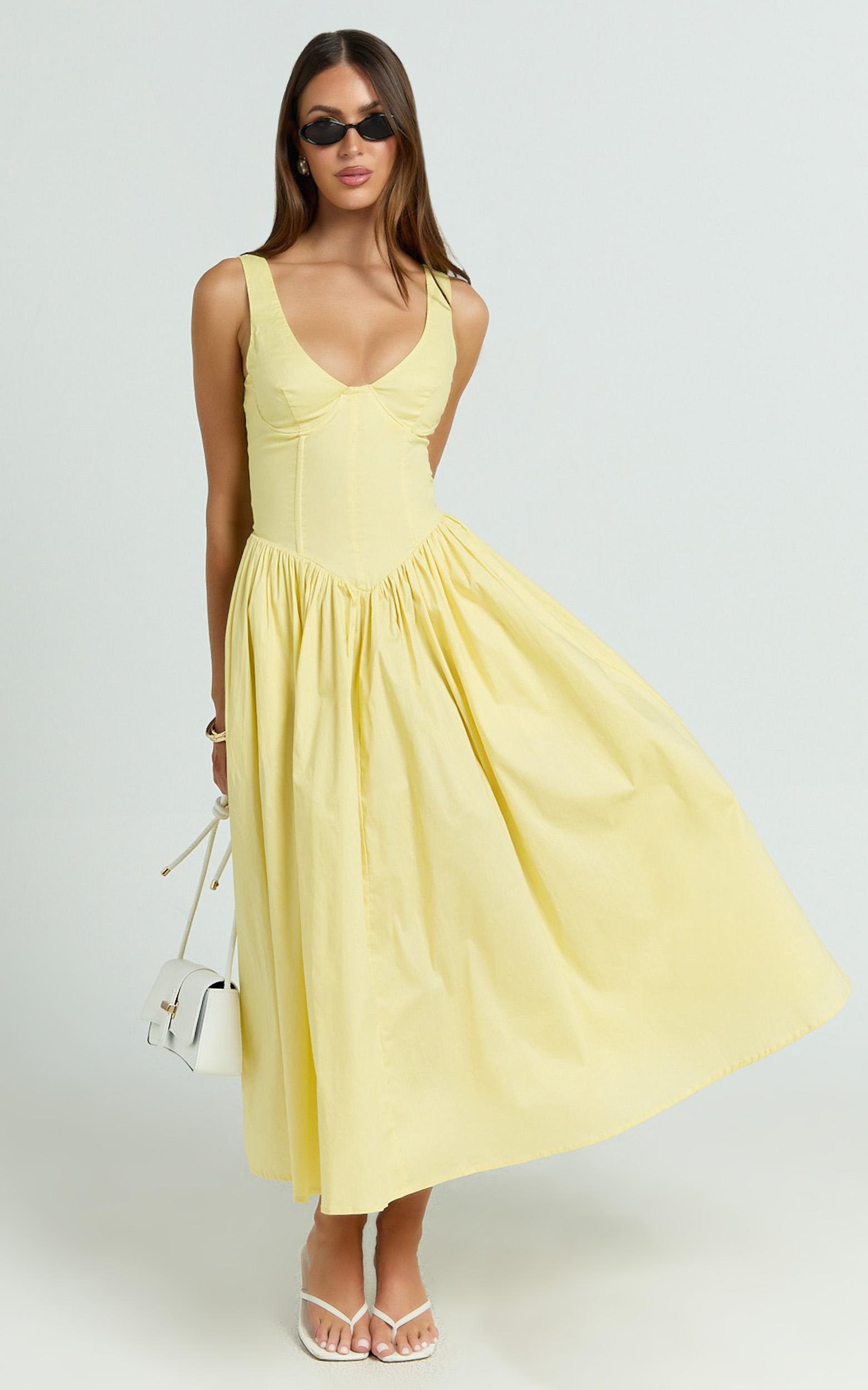 beckett midi dress - scoop neck drop v waist gathered skirt dress in butter yellow