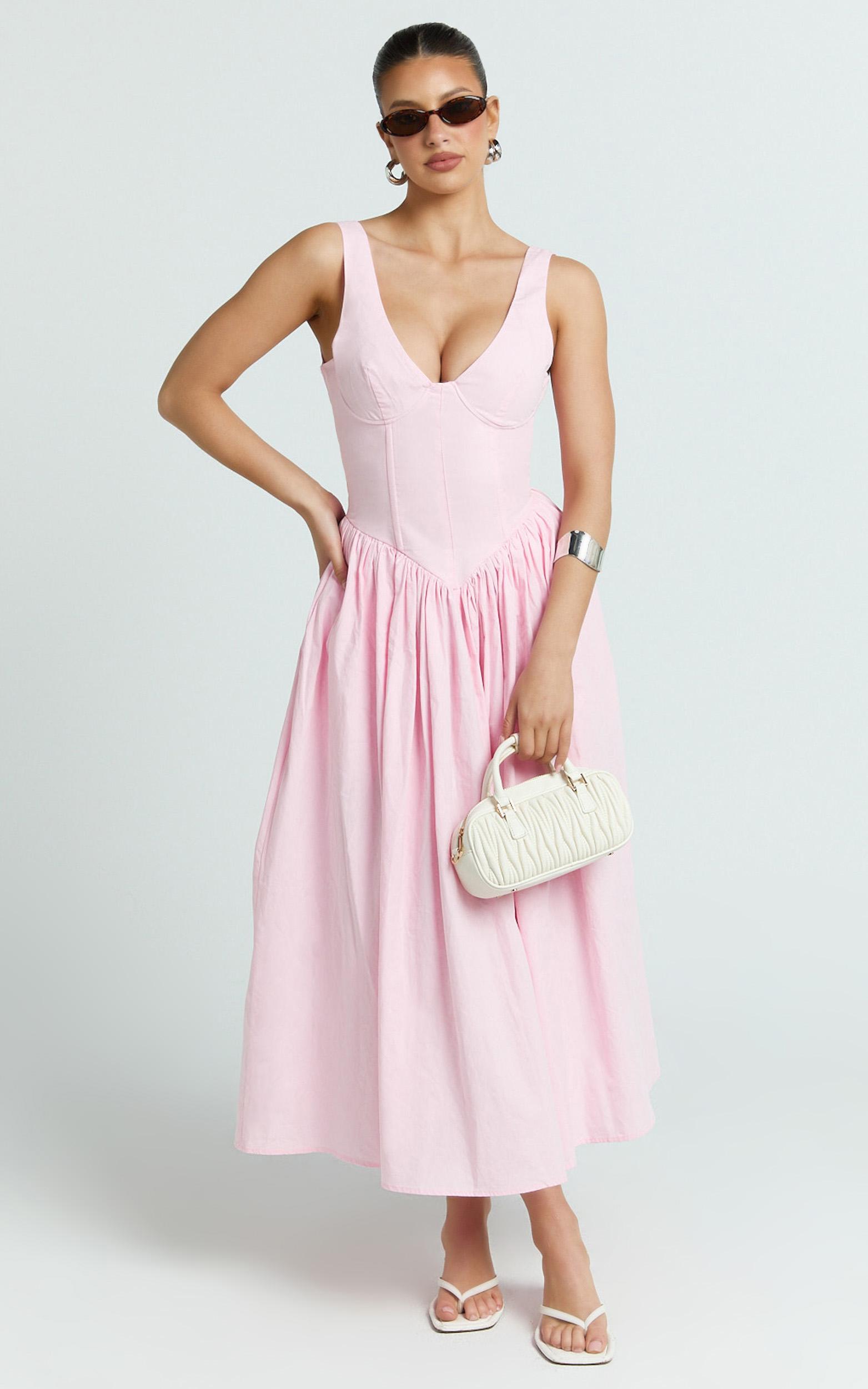 beckett midi dress - scoop neck drop v waist gathered skirt dress in pink