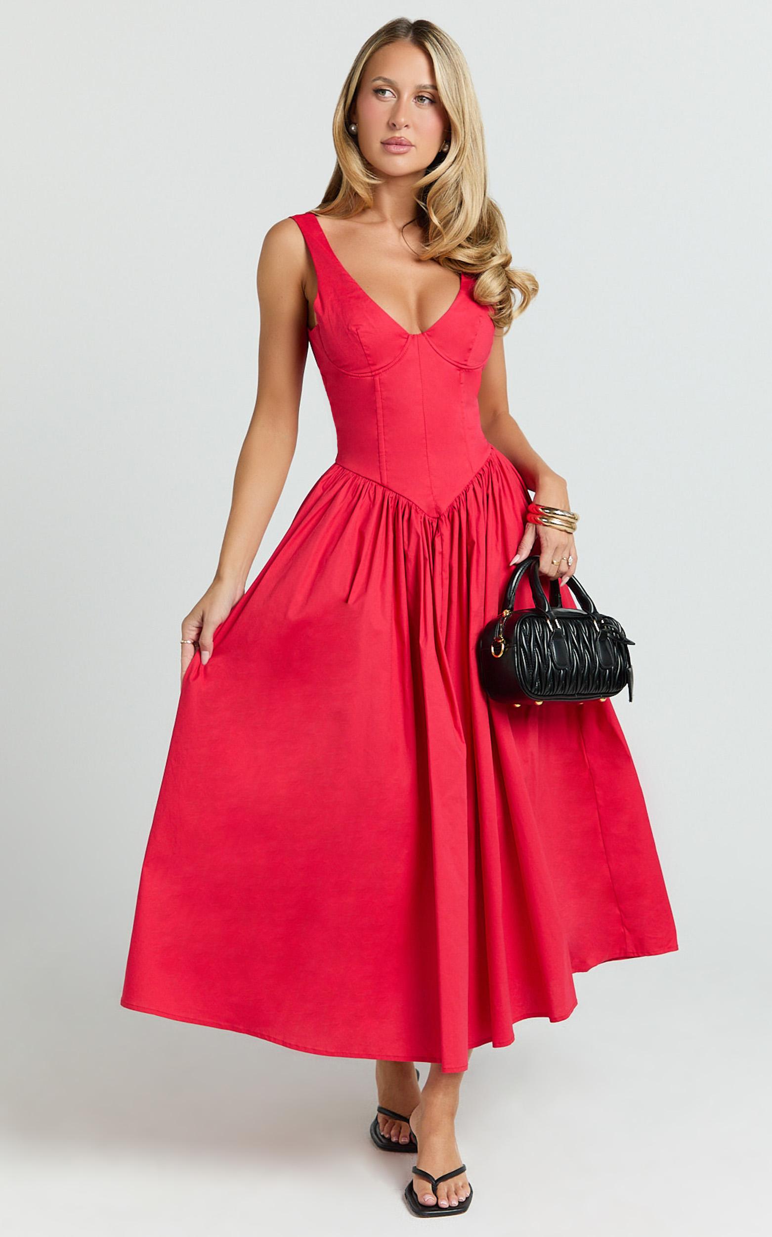 beckett midi dress - scoop neck drop v waist gathered skirt dress in red
