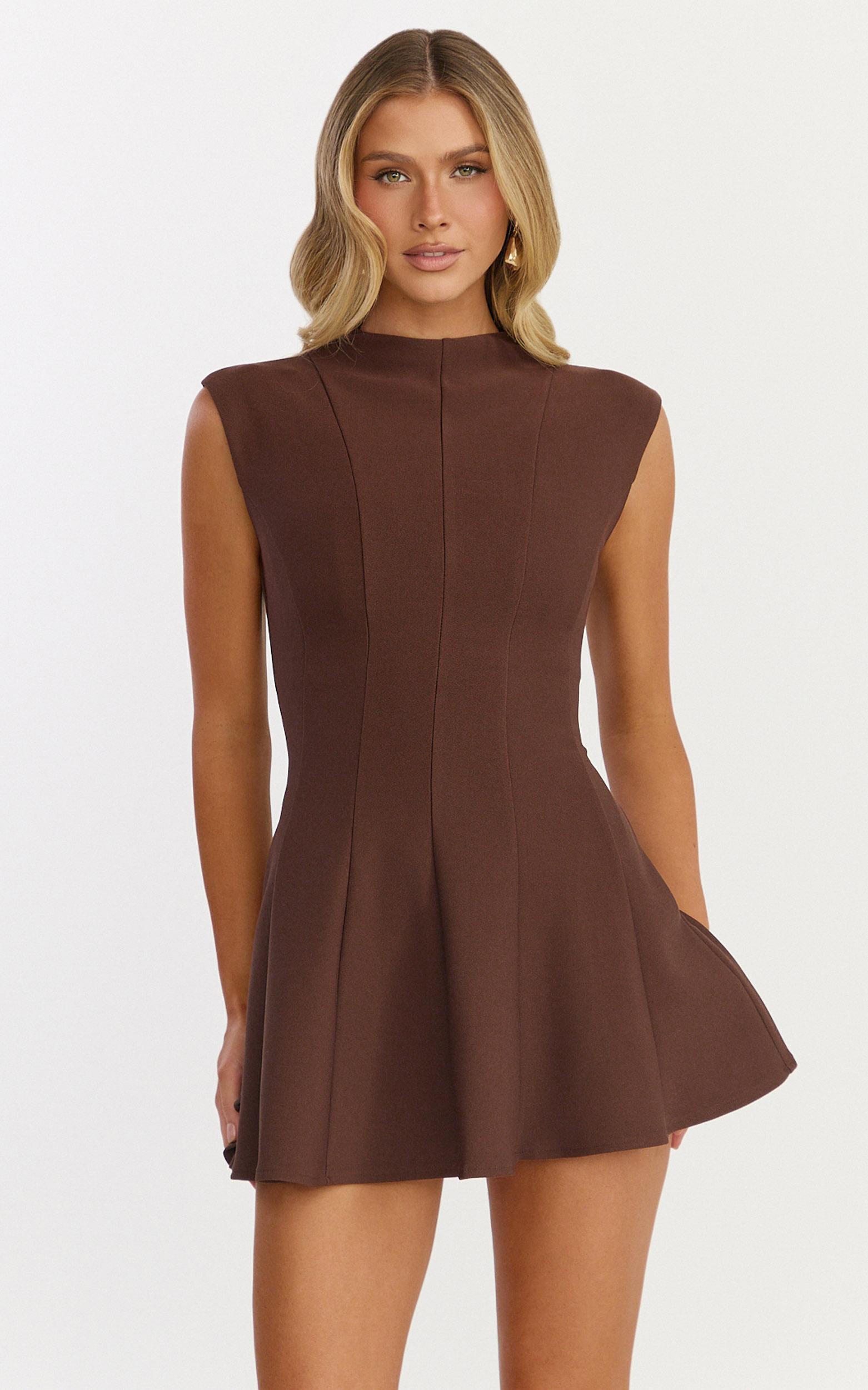 becky mini dress - high neck sleeveless fit and flare dress in chocolate