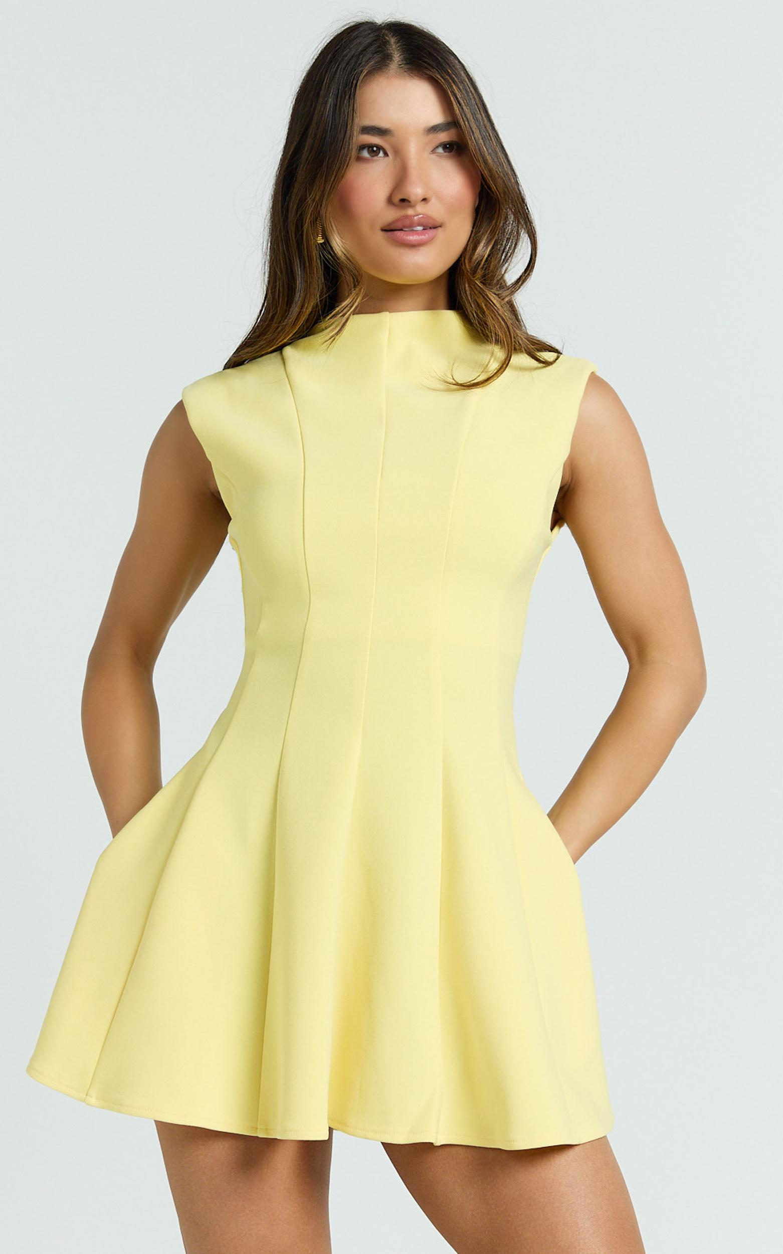 becky mini dress - high neck sleeveless fit and flare dress in lemon