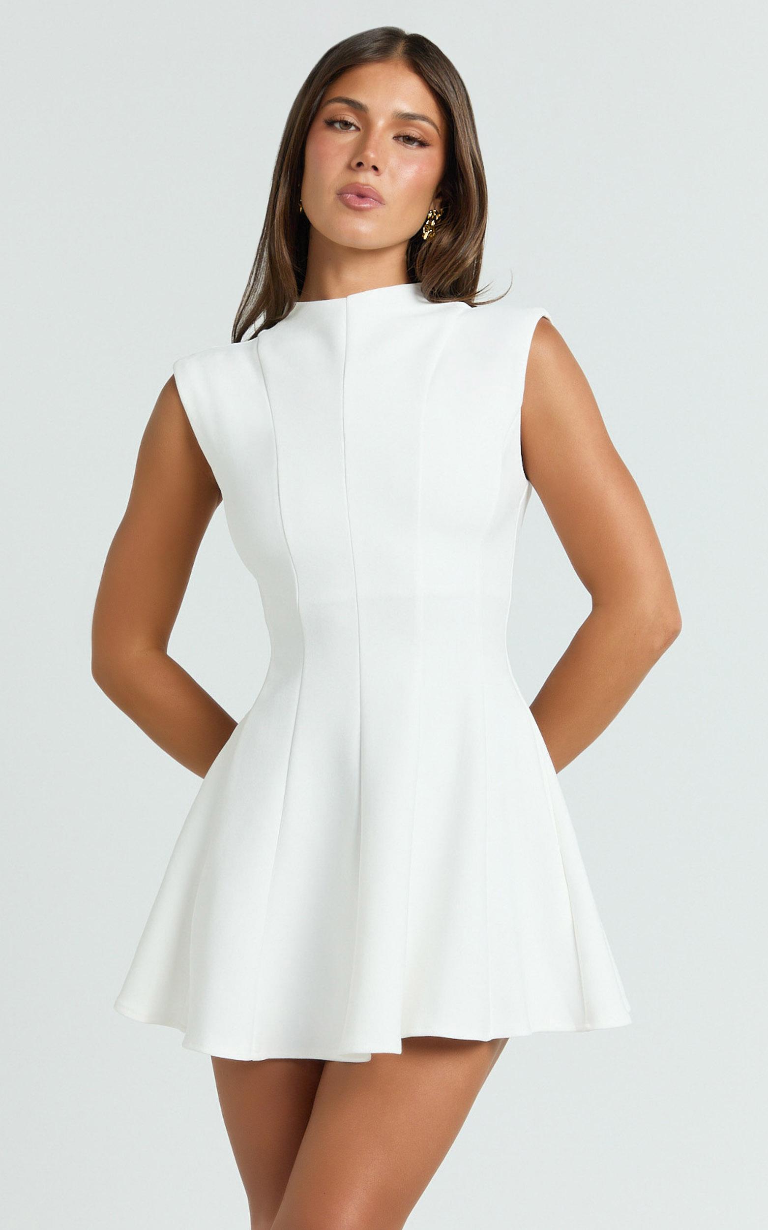 becky mini dress - high neck sleeveless fit and flare dress in white