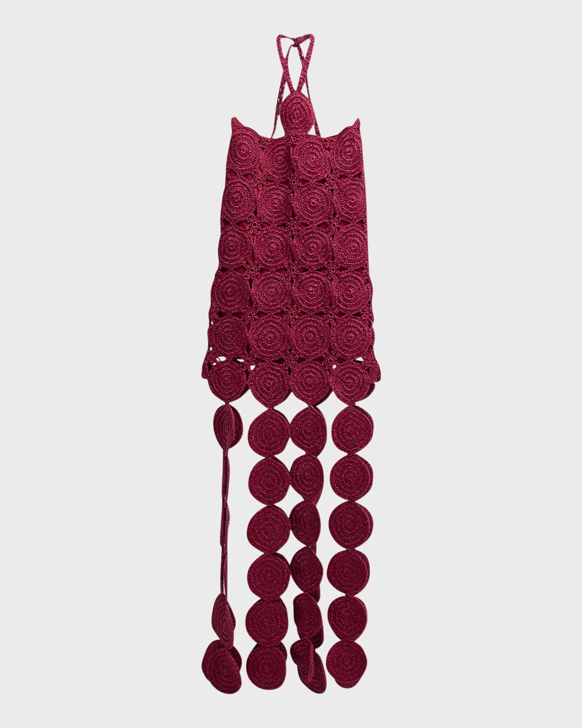 beep beep lurex crochet cutout halter maxi dress