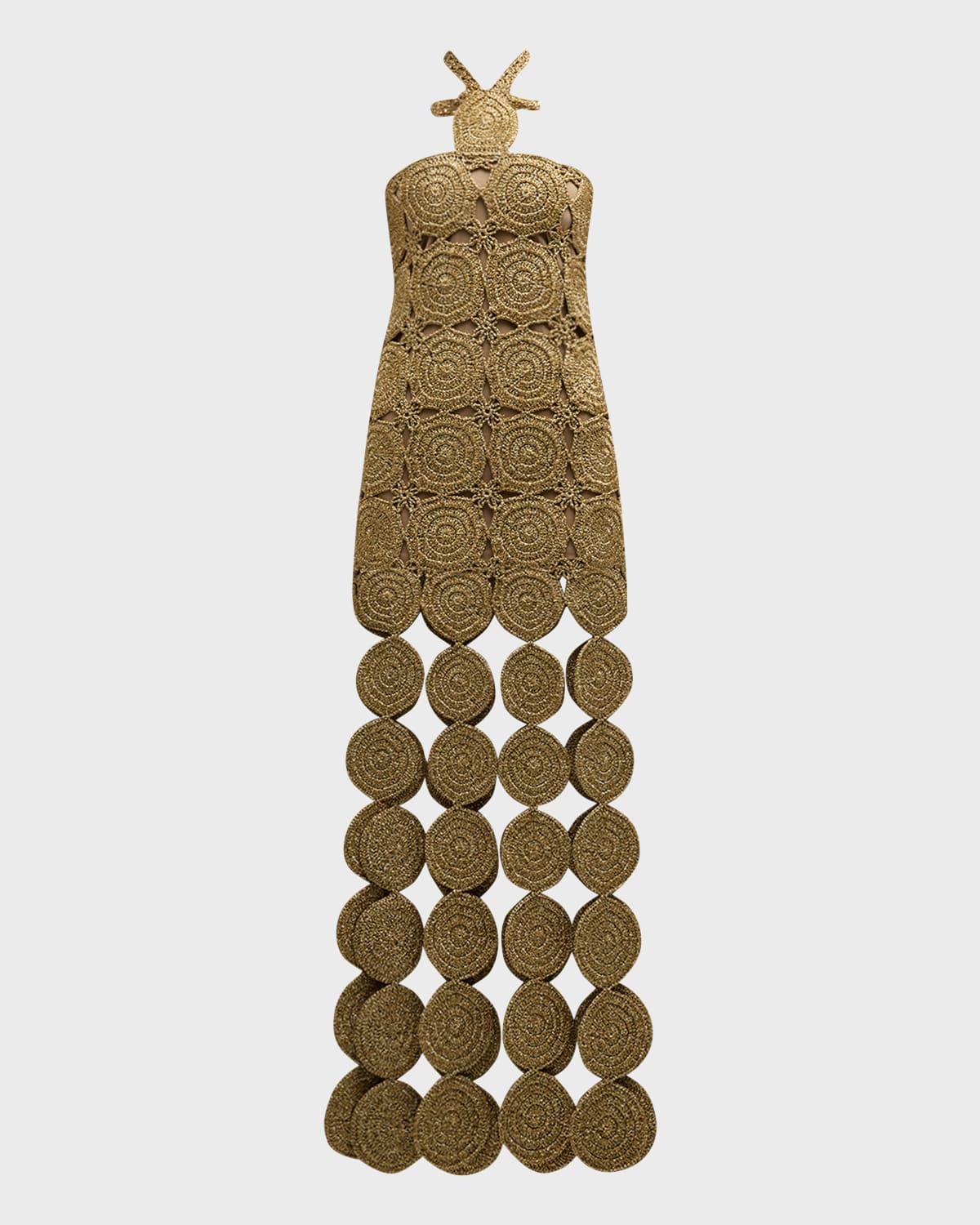 beep beep lurex crochet cutout halter maxi dress