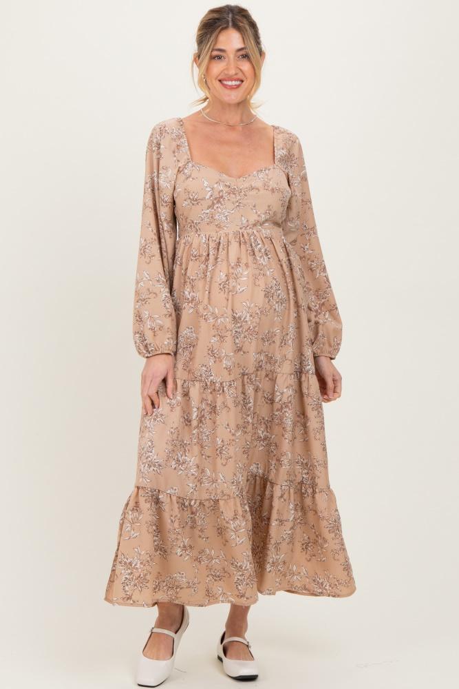 beige antique floral neck maternity maxi dress