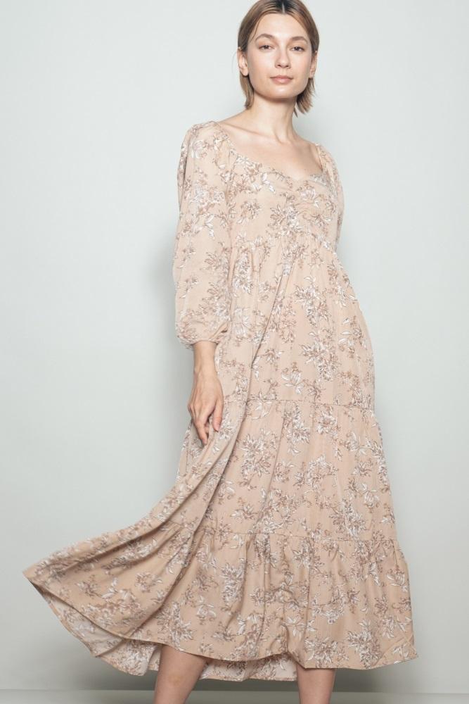 beige antique floral neck maxi dress