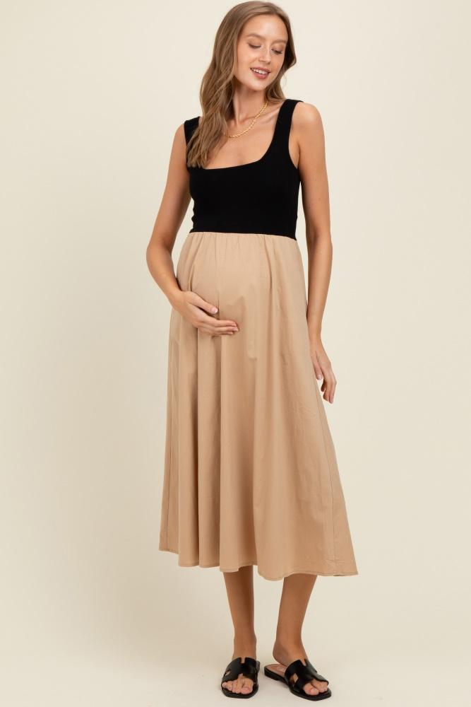 beige black contrast knit poplin sleeveless maternity midi dress