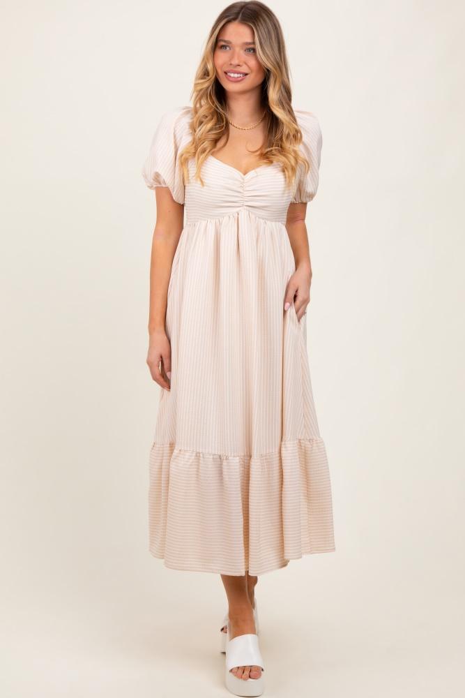 beige blue sweetheart stripe smocked back midi dress