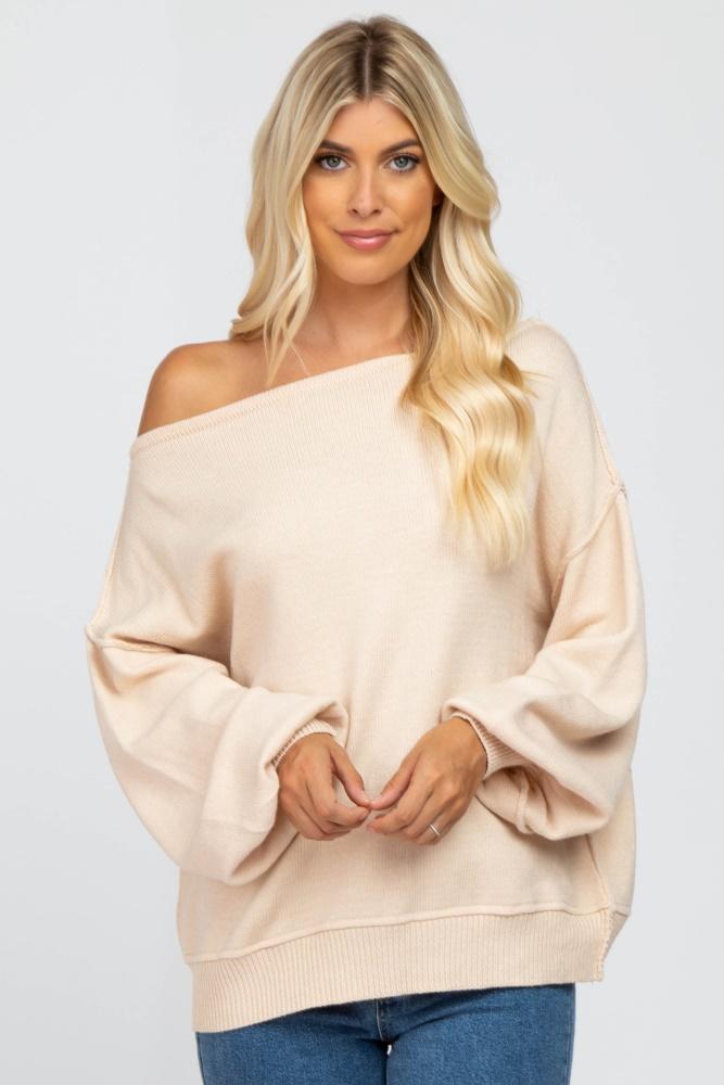 beige boat neck bubble sleeve sweater