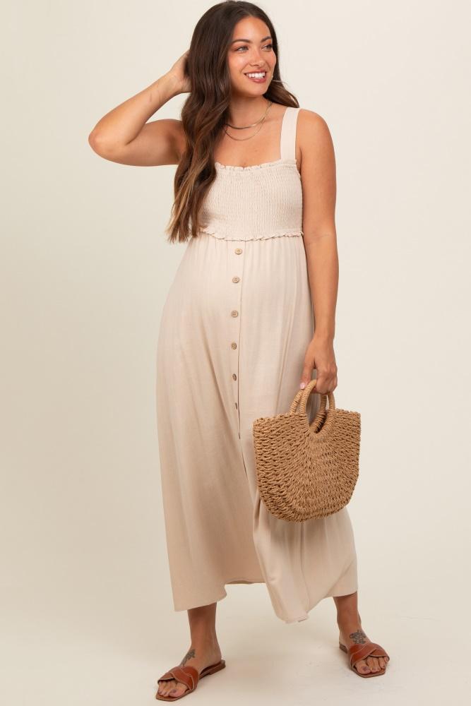 beige button down smocked maternity dress