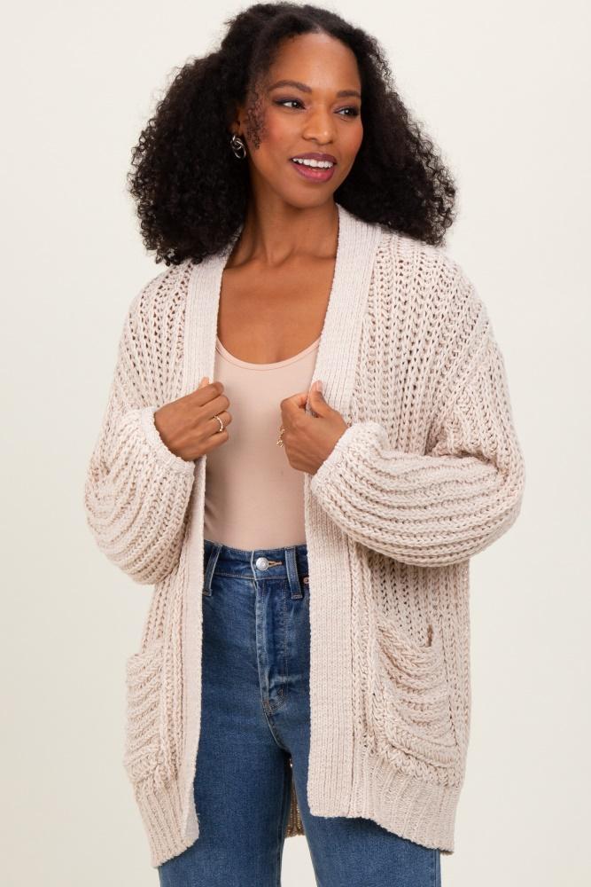 beige chunky knit oversized pocket cardigan