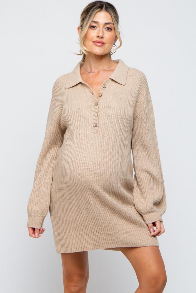 beige collared button front maternity sweater dress