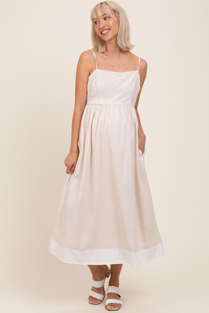 beige color block back tie maternity midi dress