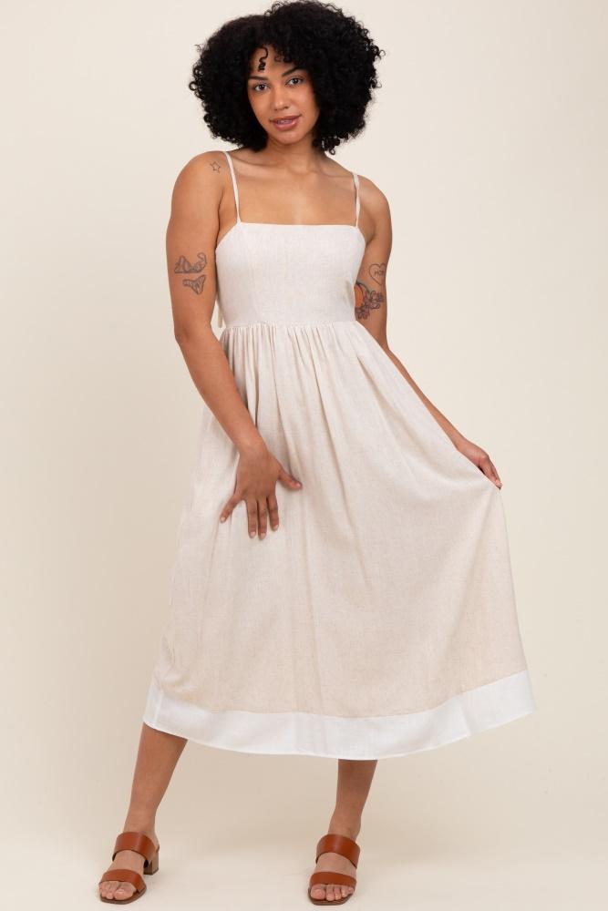 beige color block back tie midi dress