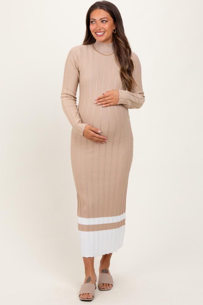 beige colorblock hem mock neck maternity sweater dress