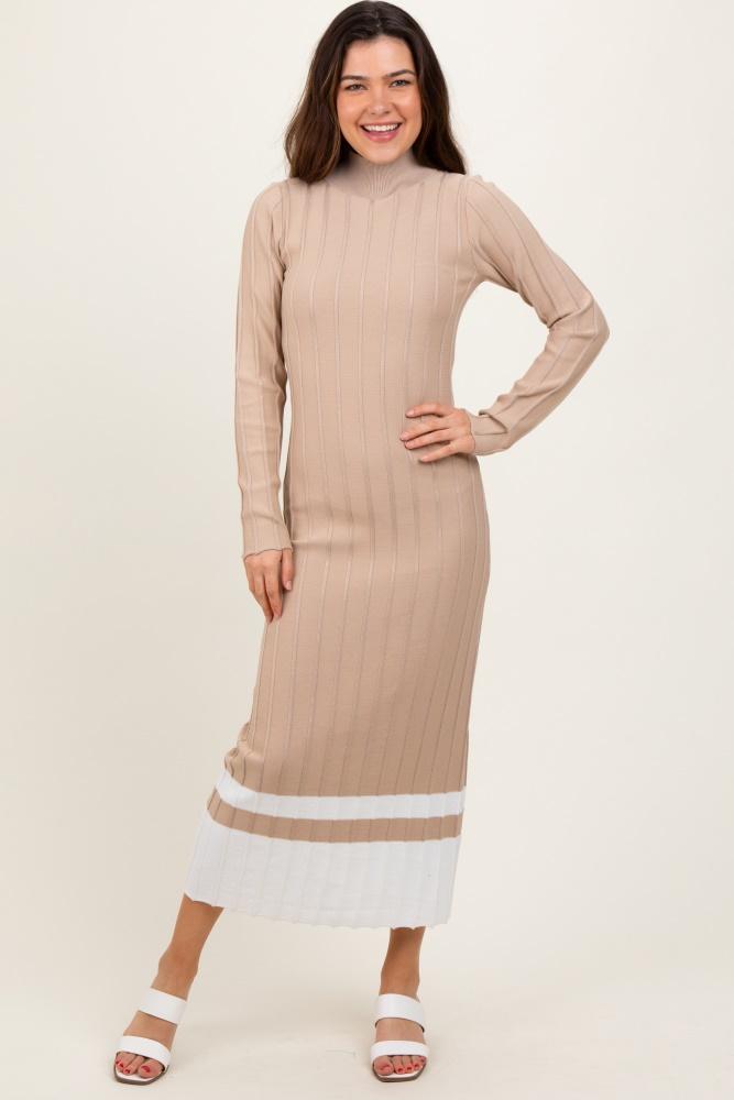 beige colorblock hem mock neck sweater dress