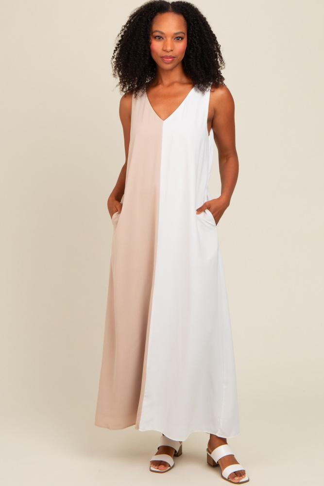 beige colorblock midi dress