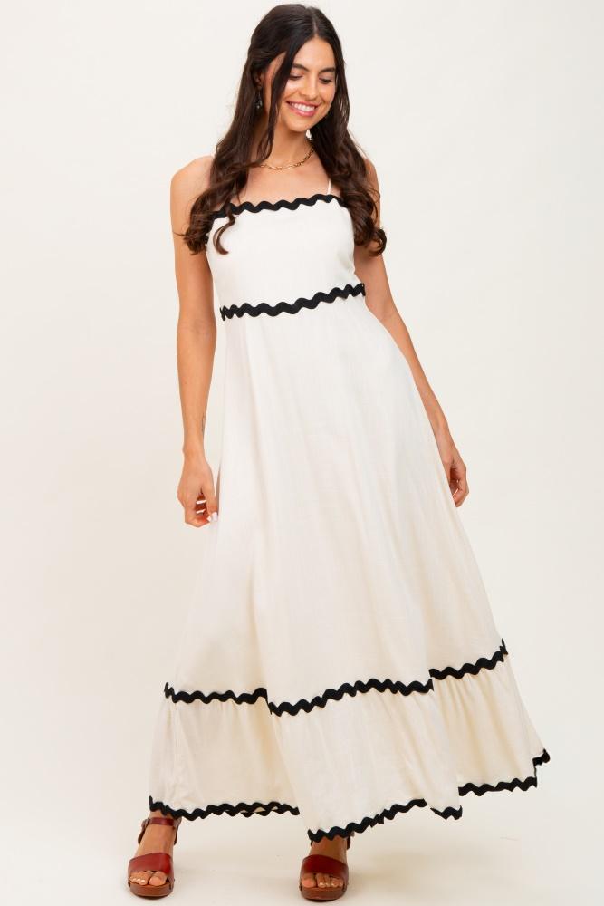 beige colorblock trim midi dress