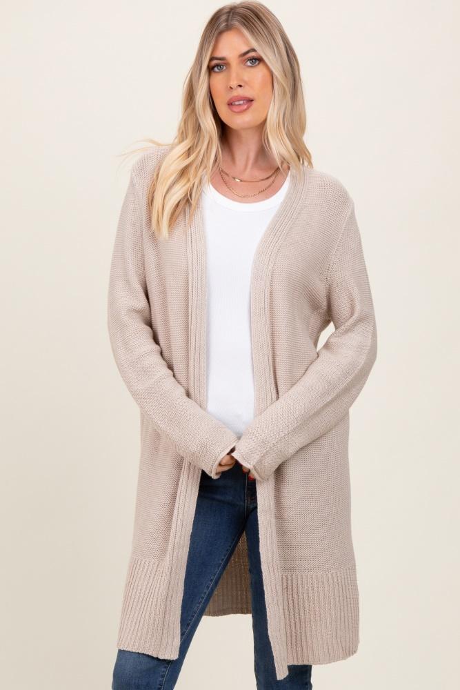 beige contrast rib long open cardigan