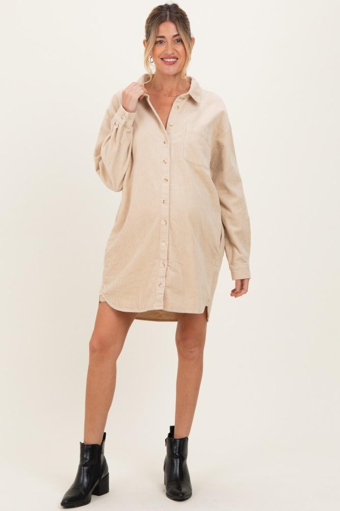beige corduroy maternity shirt mini dress