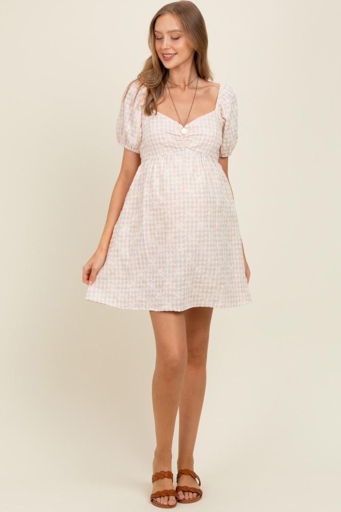 beige embroidered gingham sweetheart neck maternity mini dress