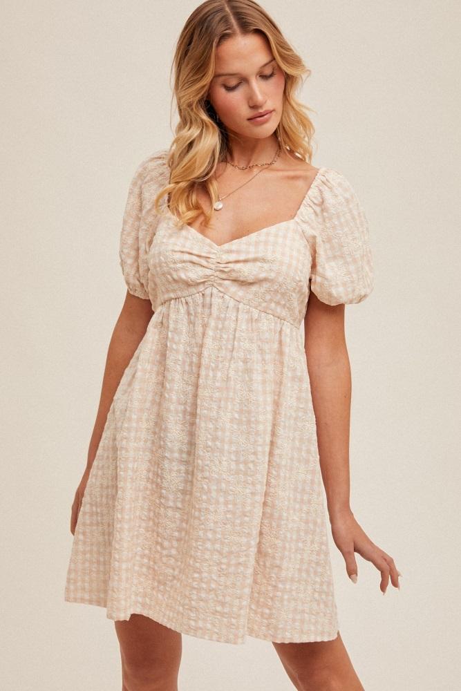 beige embroidered gingham sweetheart neck mini dress