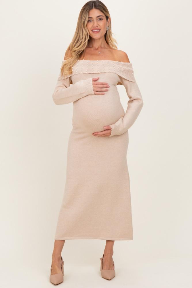 beige faux pearl detail off shoulder maternity sweater dress