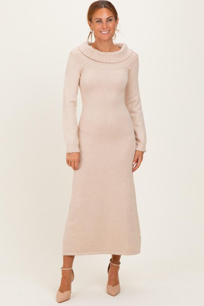 beige faux pearl detail off shoulder sweater dress