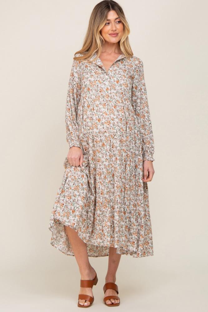 beige floral button front long sleeve tiered maternity midi dress