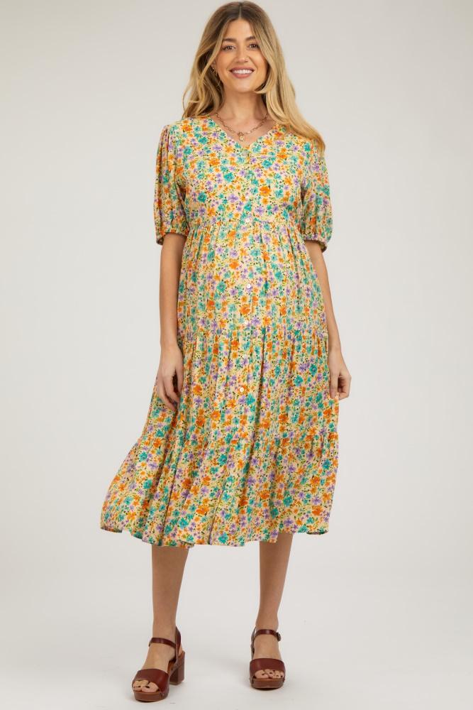 beige floral button front ruffle hem maternity midi dress